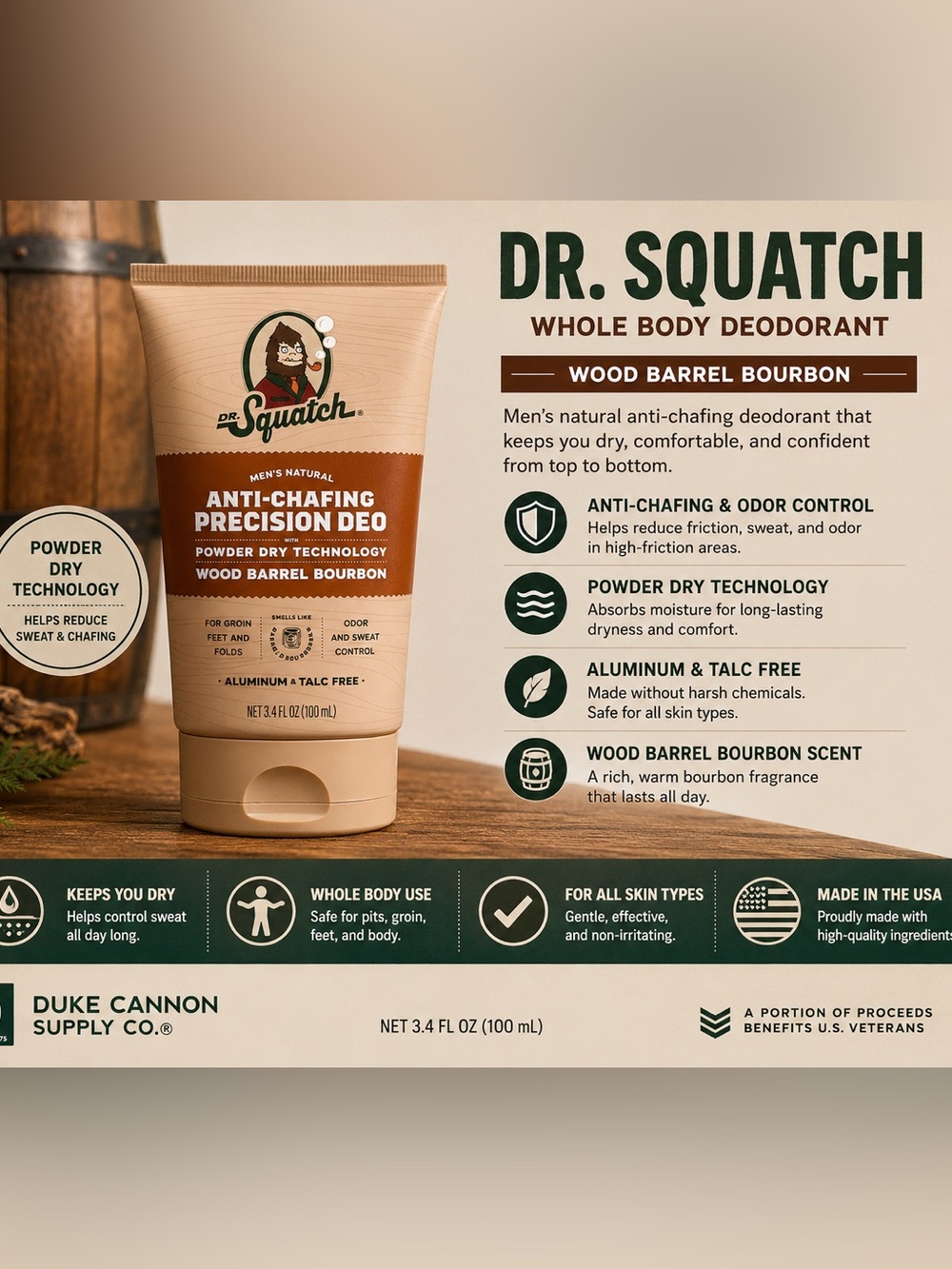 Wood Barrel Bourbon Anti-Chafing Precision Deodorant - Brown